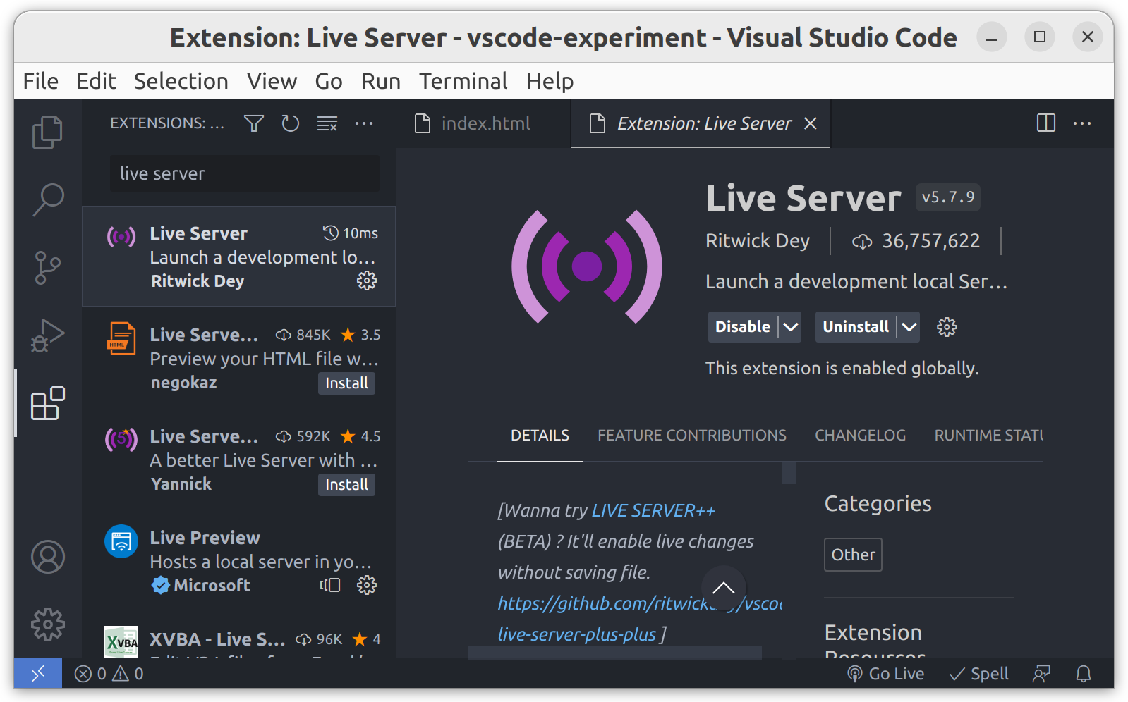 the live server extension is already installed on my VSCode