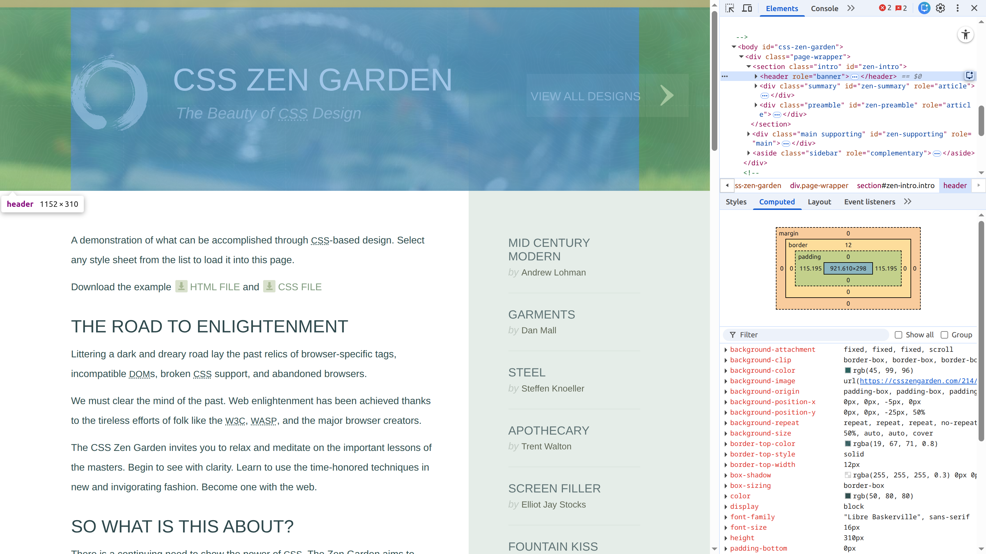 Browser developer tools show calculated dimensions for header lement